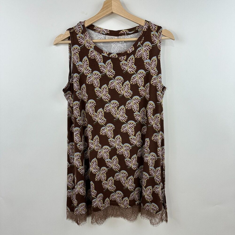Logo Lori Goldstein Sleeveless Tunic Tank Top Large Brown Floral Lace Hem  Boho